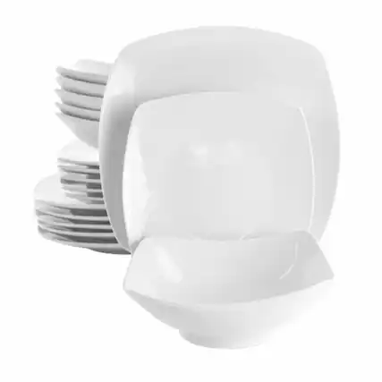 Front. Elama - Elama Newman 18 Piece Square Porcelain Dinnerware Set in White - White.