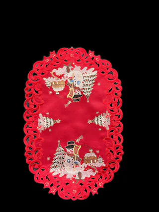 Front. Jiallo - Snow Man Embroidered Cutwork Placemat, 12 by 17 inch Table Linen - Red.