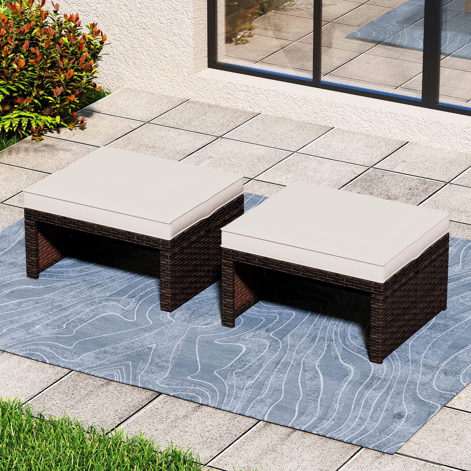 Alt View 1. Costway - Costway 2 PCS Patio PE Rattan Ottomans with Soft Zippered Cushions for Deck Outdoor White - White.