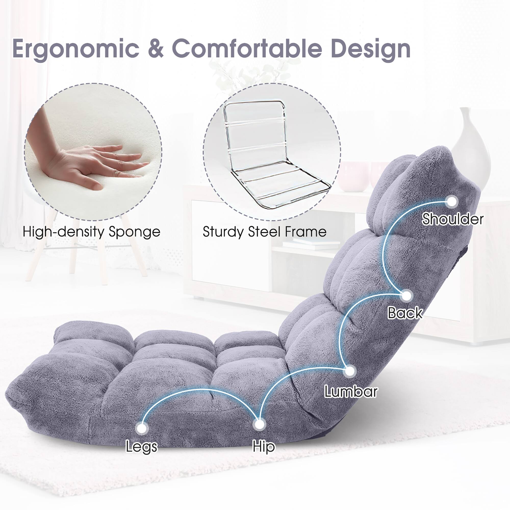 Ergonomic & Comfortable Design

- High-density Sponge
- Sturdy Steel Frame
- Shoulder
- Back
- Lumbar
- Hip
- Legs