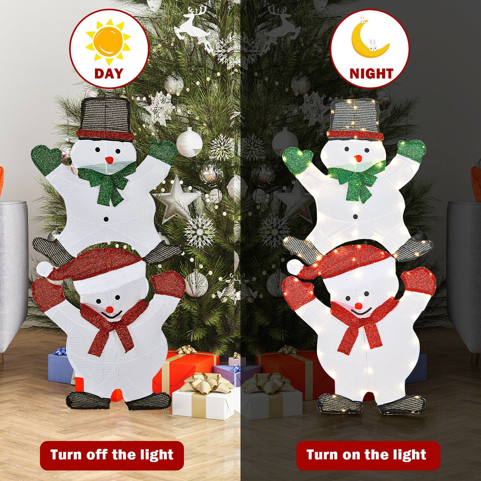 The image features two snowmen decorations, one on the left and one on the right, with a Christmas tree in the background. The text on the image reads "Day" and "Night," indicating that the snowmen are designed to be used as a light switch to control the illumination of the tree. The text "Turn off the light" and "Turn on the light" is also present, suggesting that the snowmen can be used to control the lighting of the tree.
