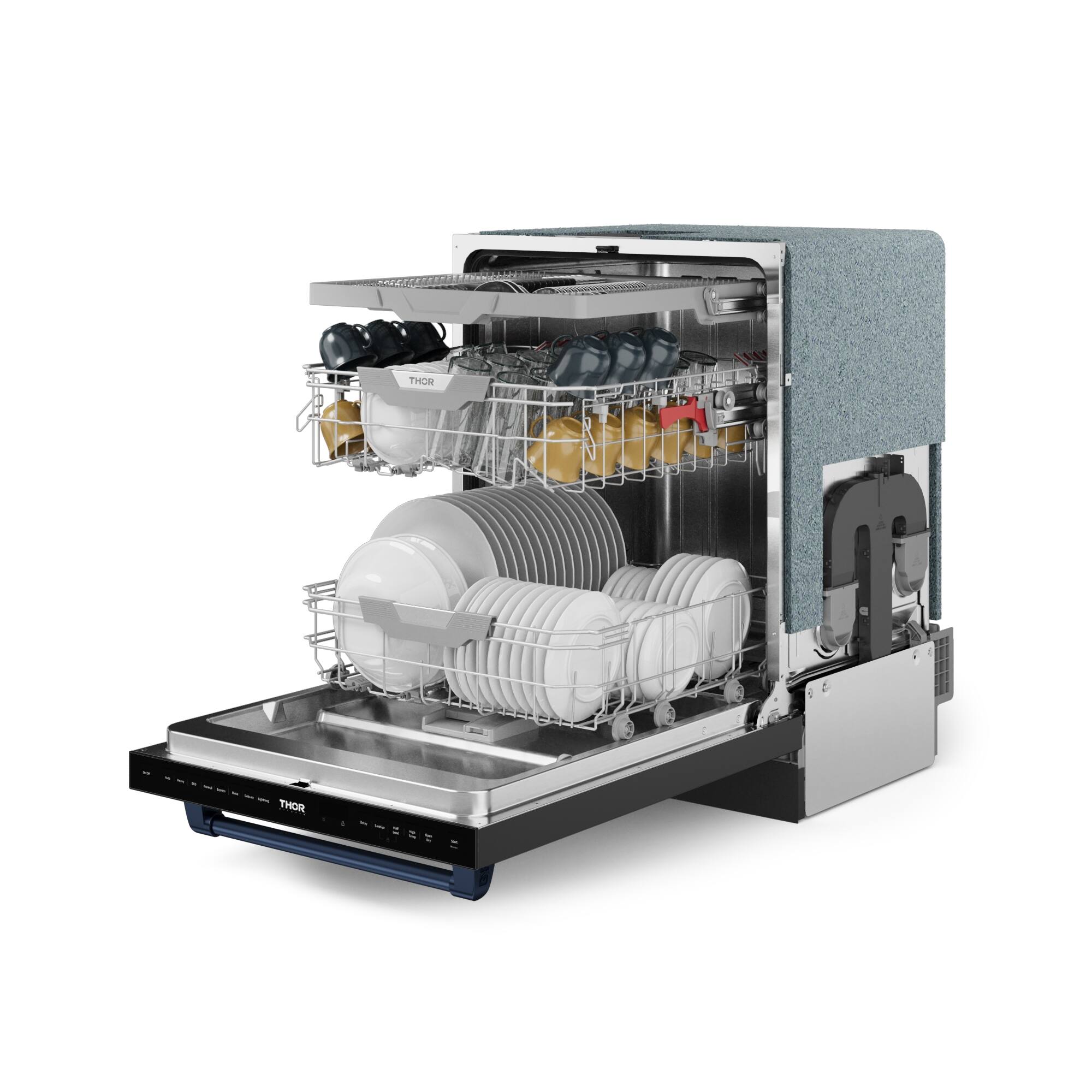 Thor is a brand of appliances, including dishwashers, that are known for their high-quality and efficient performance. In the image, there is a Thor dishwasher with a clear door, allowing users to see the dishes being washed inside. The dishwasher is filled with various dishes, including cups, bowls, and bottles. The dishes are arranged in different compartments, ensuring that they are cleaned effectively and efficiently. The Thor dishwasher is designed to save energy and provide a convenient and hygienic solution for washing dishes in the home.