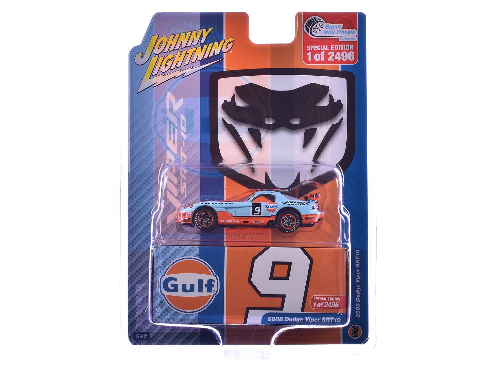 Super Mini Wheels Exclusives  
JOHNNY LIGHTNING  
SPECIAL EDITION 1 of 2496  
2008 Dodge Viper SRT10  
Gulf  
9  
SPECIAL EDITION 1 of 2496  
www.sup  
6+