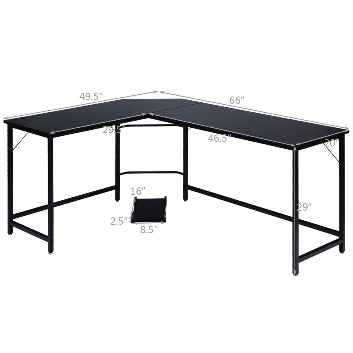 The image shows a black table with a black top. The table is a foldable table, and it is currently folded. The table is 49.5 inches long and 66 inches wide. The top of the table is 295 inches long and 295 inches wide. The table also has a black box underneath it, which is 46.5 inches long, 20 inches wide, and 16 inches tall. The table is supported by a metal frame, and the legs are 8.5 inches long. The table is also described as a 29-inch table.