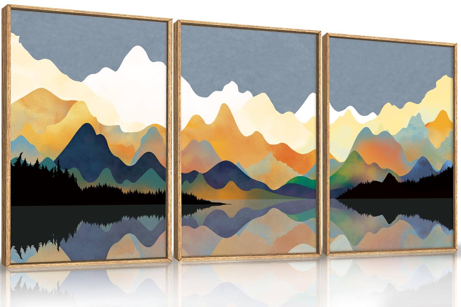 Front. Hirose Alice - Large Abstract Navy and Framed Canvas Wall Art Minimalist Boho Waves Lines Wall Decor Modern Mid Century - Colorful Mountain Wall Art 16"L x 24"W.