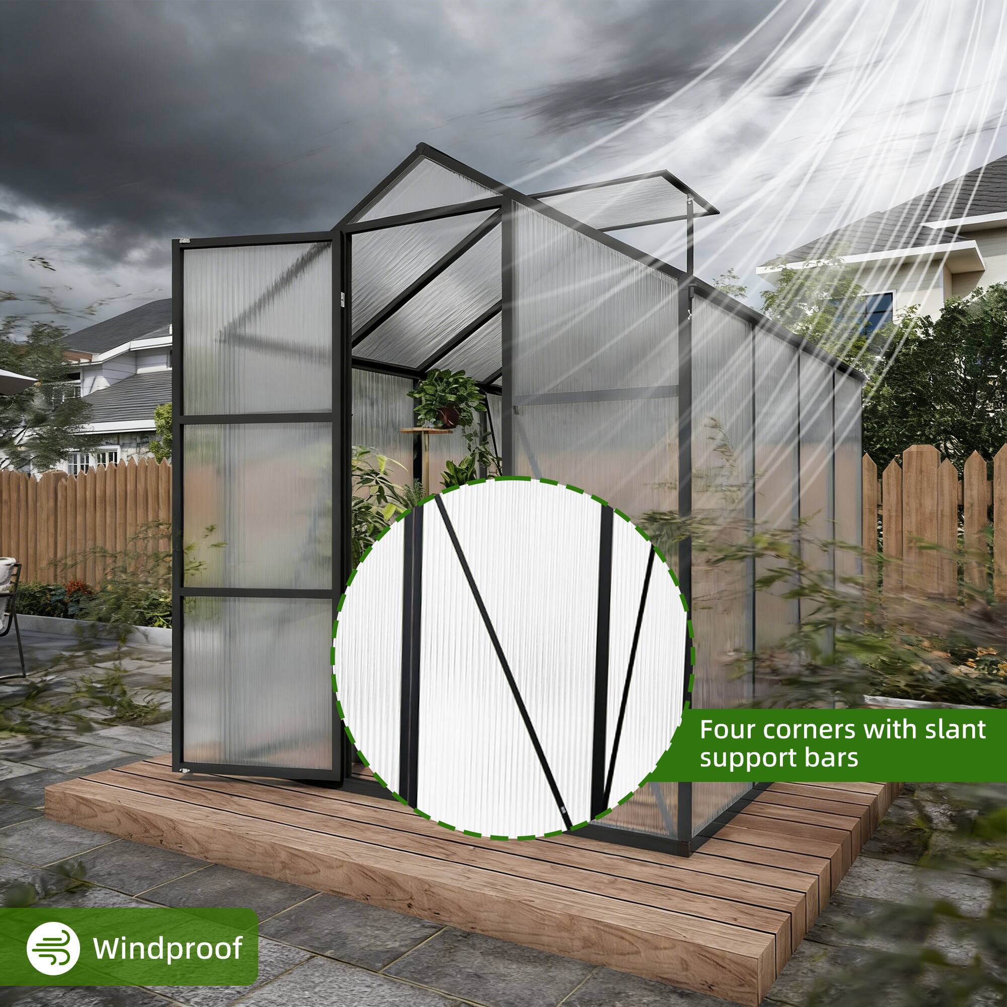 Four corners with slant support bars  
Windproof