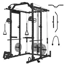 Mikolo - Power Rack Cage, 1500 lbs Weight Rack with Cable Crossover Machine, Multi-Function Squat Rack - Black