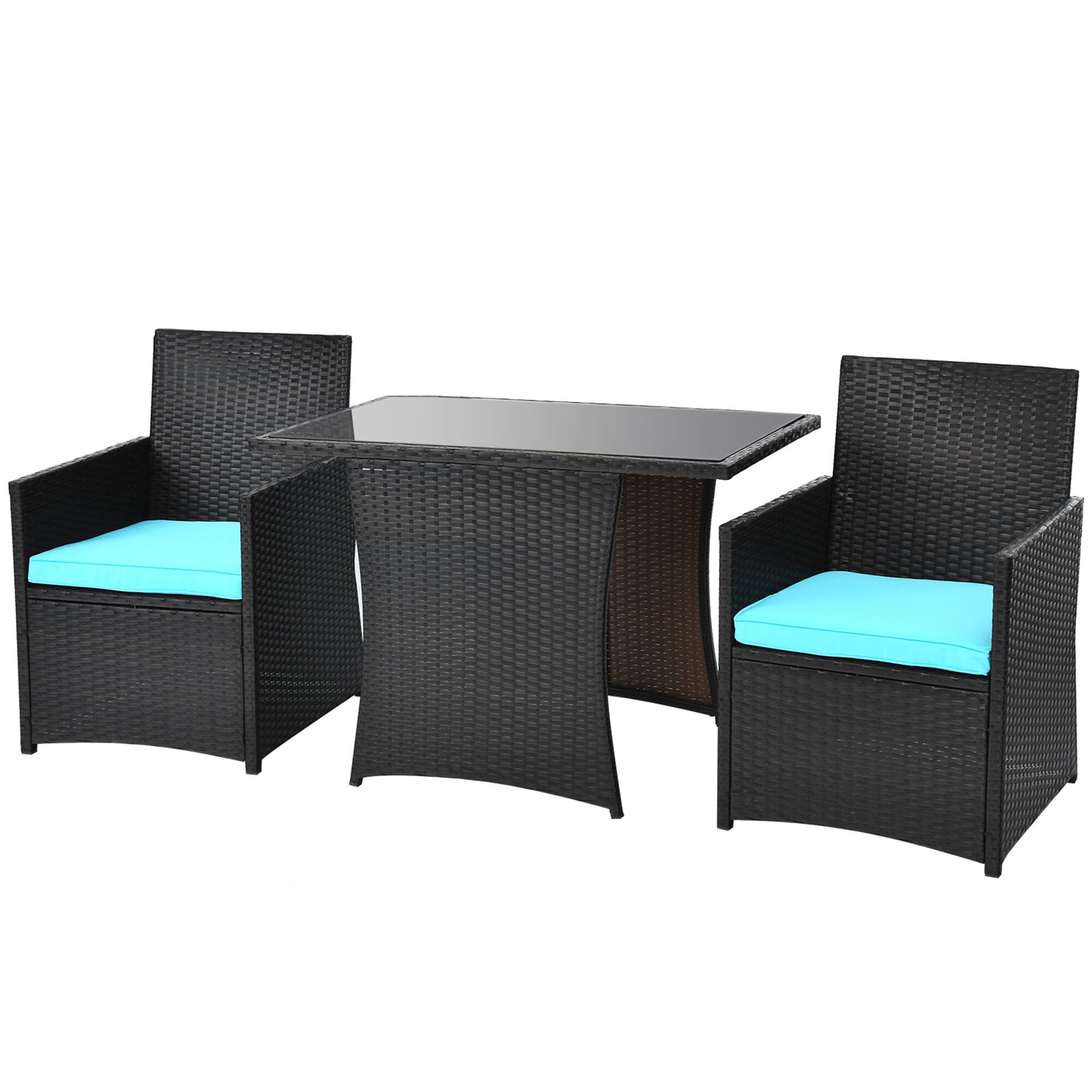 Alt View 1. Gymax - Gymax 3PCS Patio Wicker Bistro Set PE Rattan Dining Table Set w/ Turquoise Cushions - Turquoise.