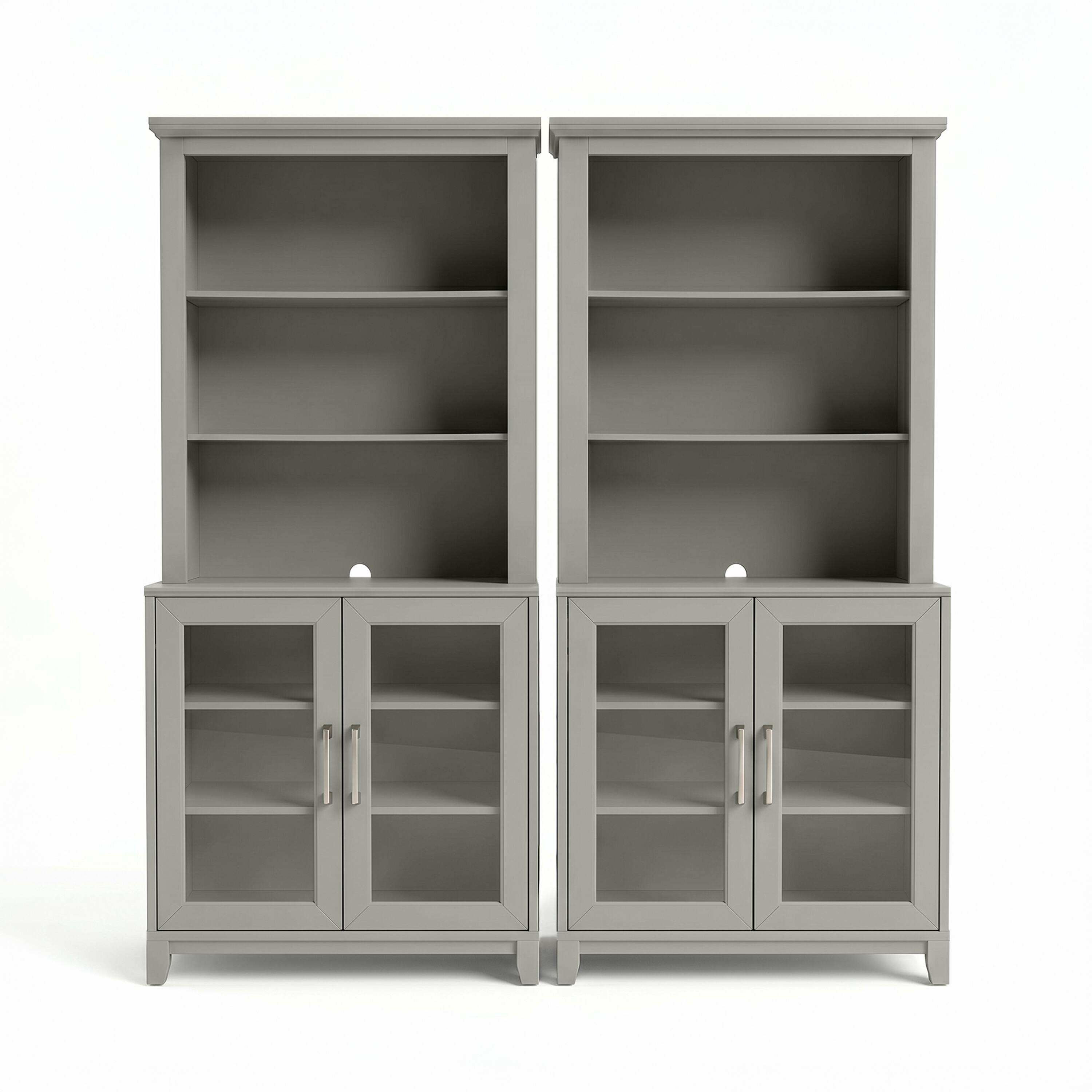 Alt View 1. Martha Stewart - Bedford Set of 2 Modular Cabinets and 2 Hutch Set, Premium Hardware, Open Top Shelves, Soft-Close Glass Doors - Bedford Gray/Brushed Stainless Steel Hardware.