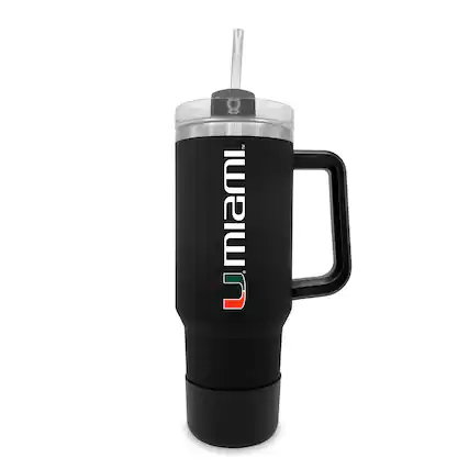 Front. The Fanatic Group - Miami Hurricanes 40oz. Stainless Tumbler with Handle & Removable Straw - Black.