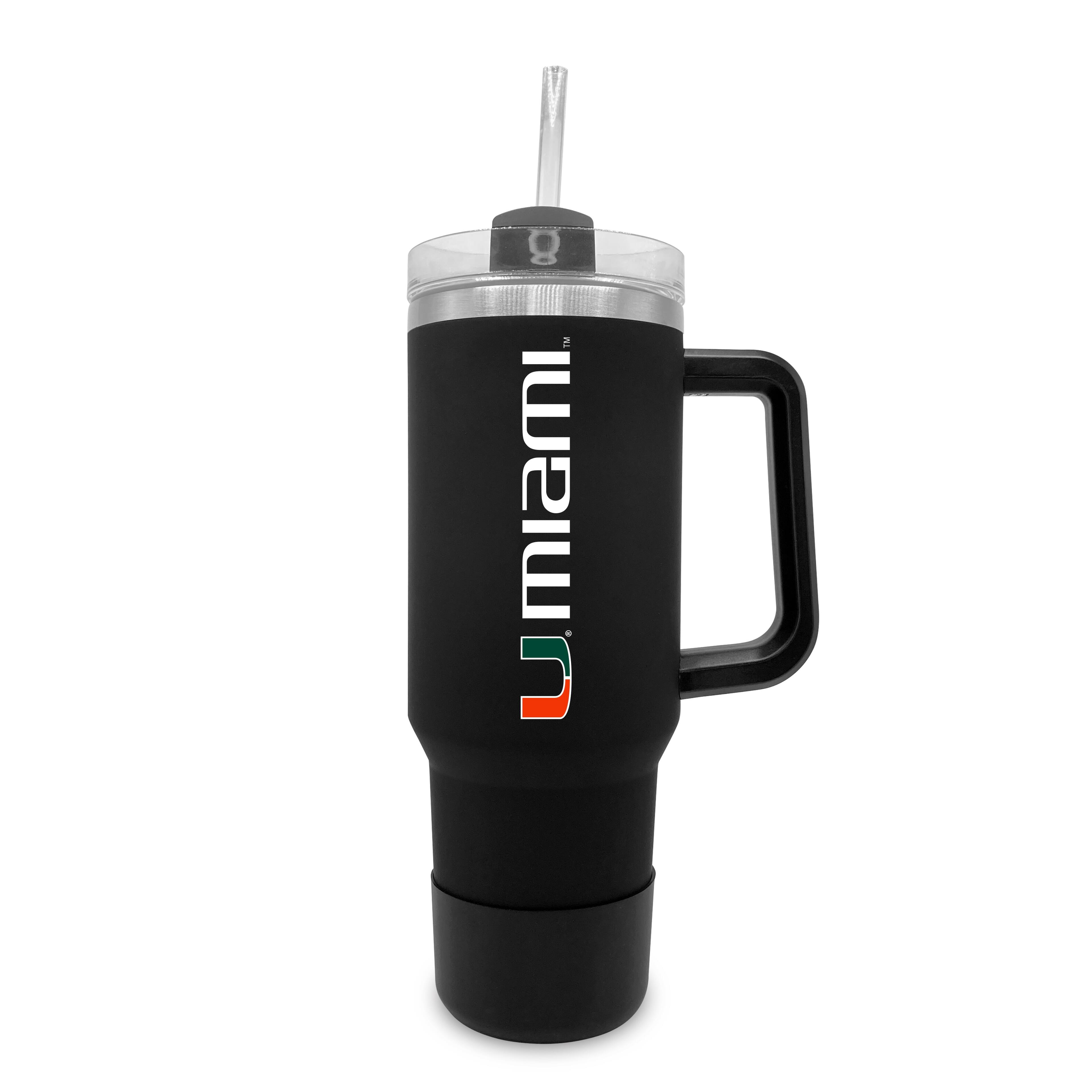 Front. The Fanatic Group - Miami Hurricanes 40oz. Stainless Tumbler with Handle & Removable Straw - Black.