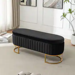 Ropilly - Velvet Storage Bench, Oval Upholstered End of Bed Bench with Gold Legs for Bedroom and Entryway - Black