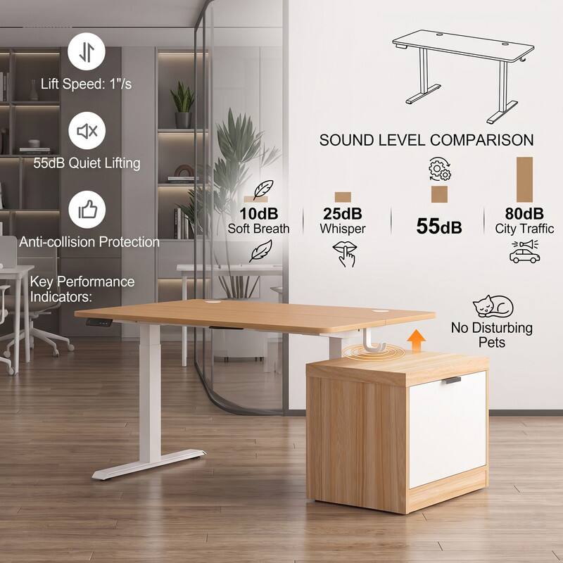 Lift Speed: 1"/s  
55dB Quiet Lifting  
Anti-collision Protection  

SOUND LEVEL COMPARISON  
10dB Soft Breath  
25dB Whisper  
55dB  
80dB City Traffic  

Key Performance Indicators:  
No Disturbing Pets
