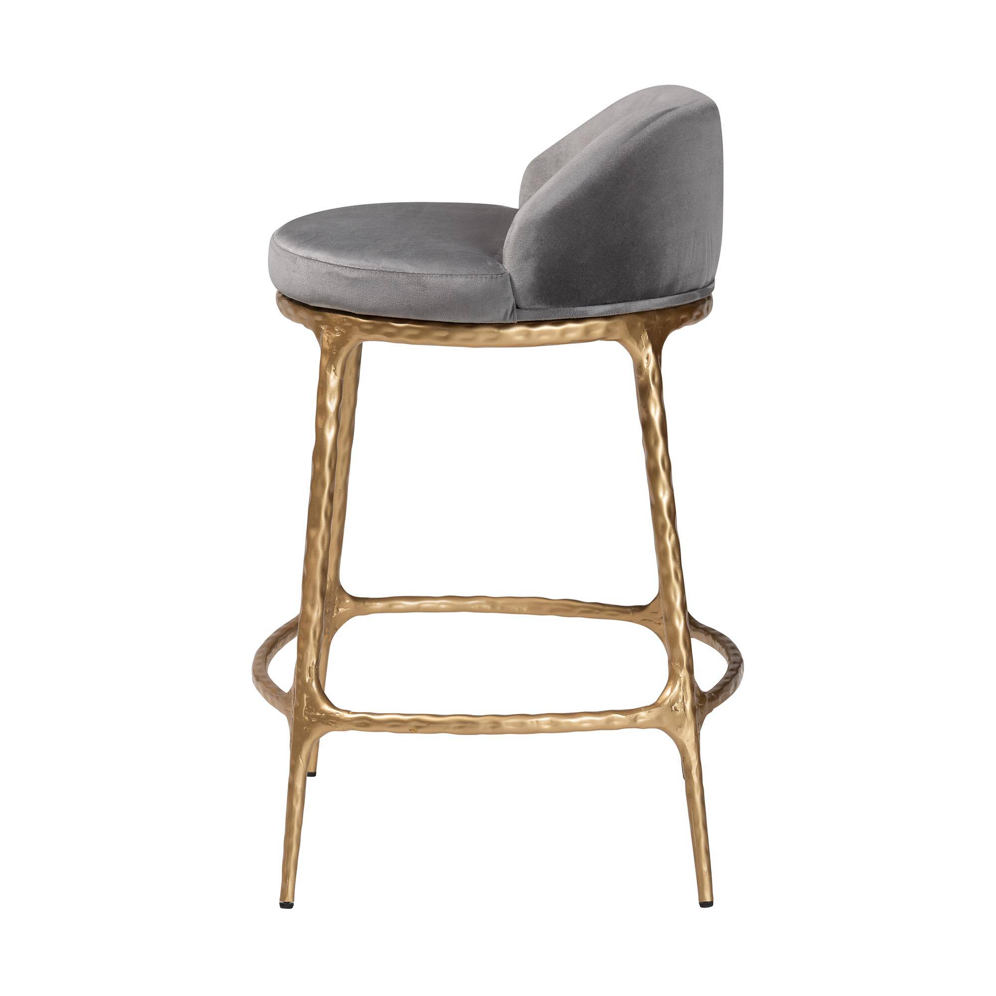 Left. Baxton Studio - Aarush Counter Stool - Modern Rustic Seating with Hand-Forged Metal Frame and Low Back for Kitchen Island or Lounge - Grey/Gold.