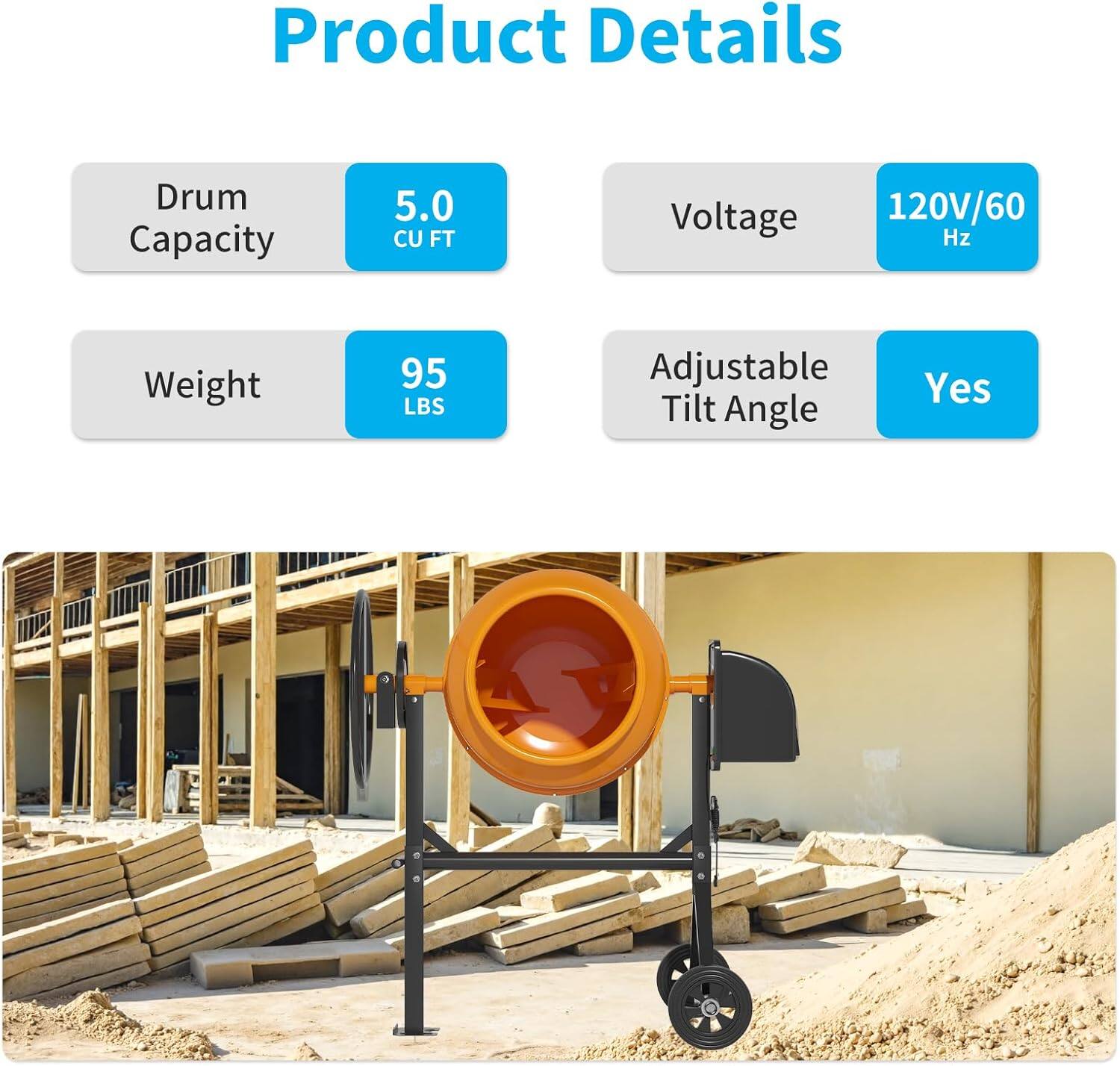 Product Details

- Drum Capacity: 5.0 CU FT
- Voltage: 120V/60 Hz
- Weight: 95 LBS
- Adjustable Tilt Angle: Yes