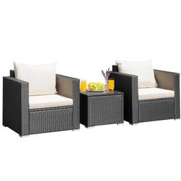 Kadyn - 3 Pieces Patio Wicker Conversation Set with Coffee Table and Cushions - White