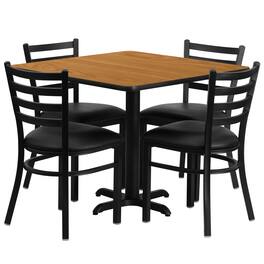 Emma + Oliver - 36" Square Laminate X-Base Table Set with 4 Ladder Back Chairs - Natural Top/Black Vinyl Seat