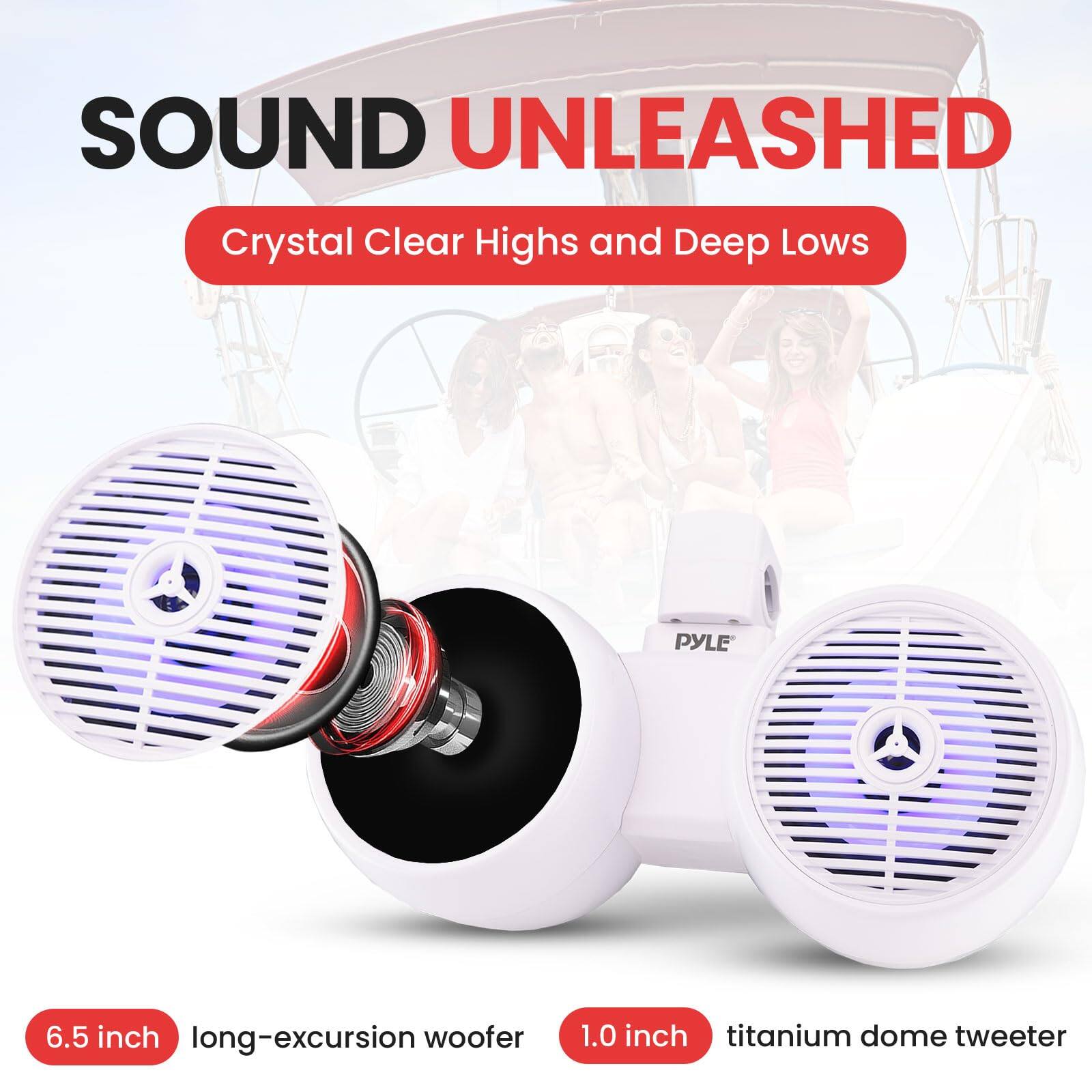 SOUND UNLEASHED
Crystal Clear Highs and Deep Lows
PYLE
6.5 inch long-excursion woofer
1.0 inch titanium dome tweeter