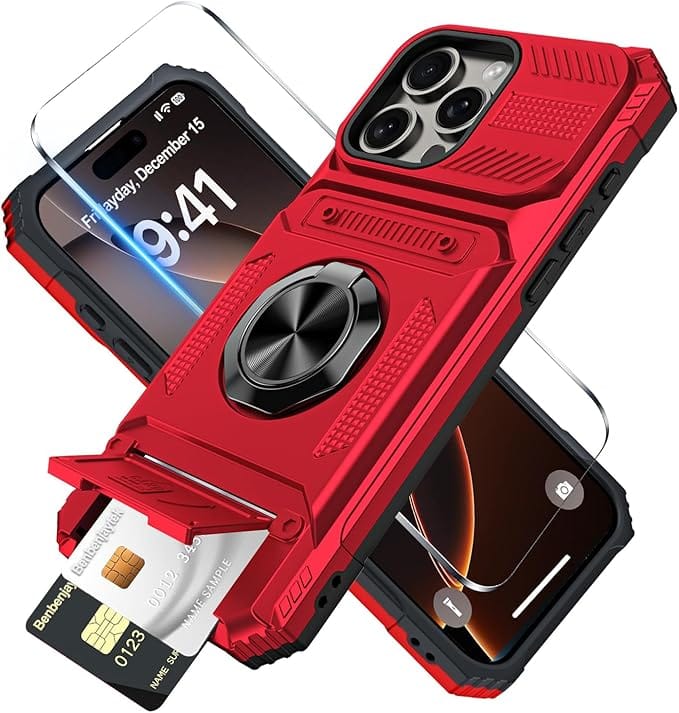 Gravity Ridge - for iPhone 15 Wallet Case with Card Holder 360°Ring Kickstand Military Grade Drop Shockproof Rugged Case - Red