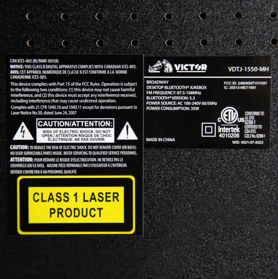 **Left Side:**

- **CAN ICES-003 (B)/NMB-003(B) NOTICE:**
  - THIS CLASS B DIGITAL APPARATUS COMPLIES WITH CANADIAN ICES-003.
  - Avis: CET APPAREIL NUMÉRIQUE DE CLASSE B EST CONFORME À LA NORME CANADIENNE ICES-003.

- **FCC ID: 2AB4KMTYH1591**
  - This device complies with Part 15 of the FCC Rules. Operation is subject to the following two conditions:
    1. This device may not cause harmful interference, and
    2. this device must accept any interference received, including interference that may cause undesired operation.
  - Complies with 21 CFR 1040.10 and 1040.11 except for deviations pursuant to Laser Notice No. 50, dated June 24, 2007.

- **CAUTION/ATTENTION:**
  - RISK OF ELECTRIC SHOCK. DO NOT OPEN.
  - Attention: Risque d'électrocution. Ne