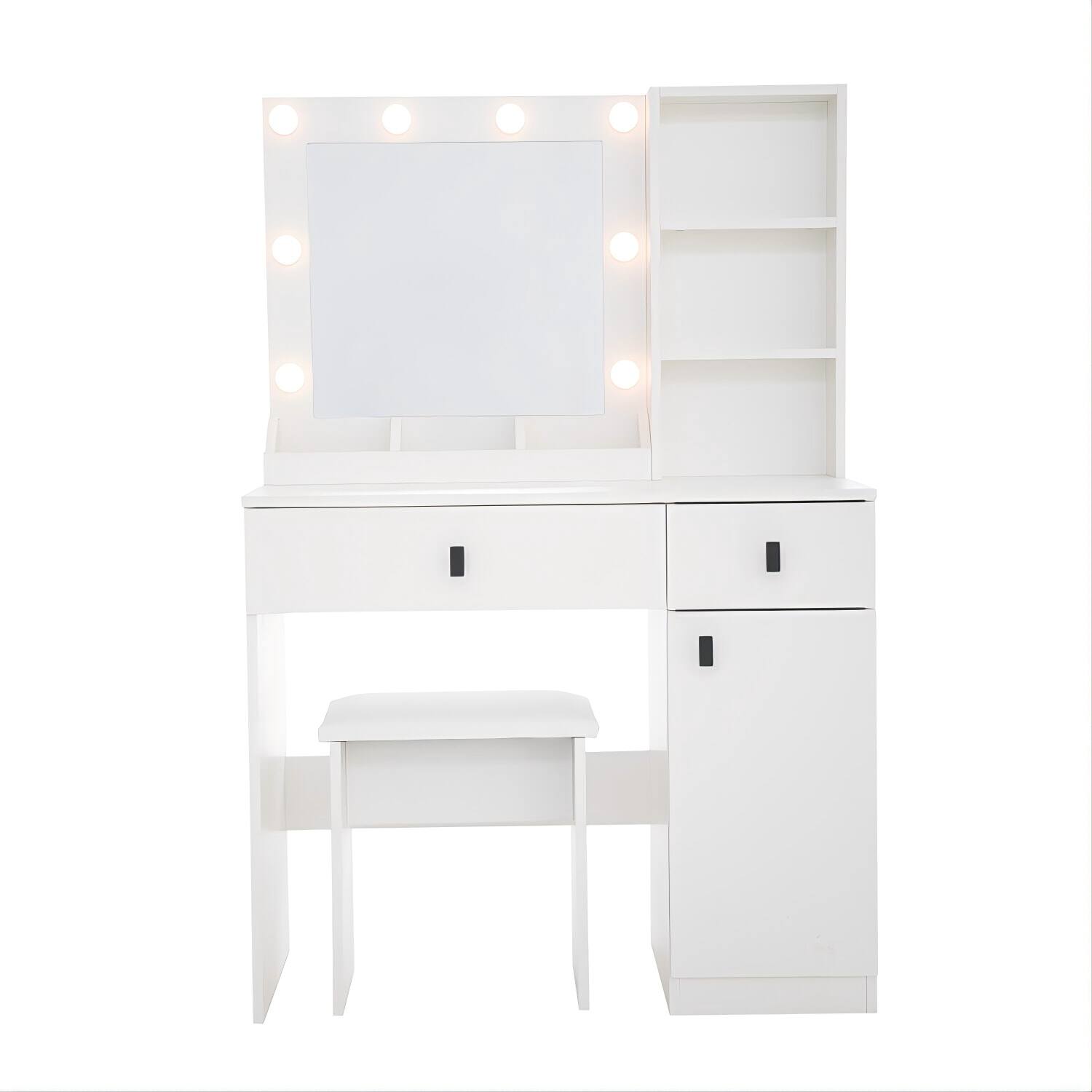 Left. Lirago - White Wood Dresser Table Desk with Mirror Dressing Table  Adjustable Lights 15.7”D x 35.4“ W x 53.5“ H - White.