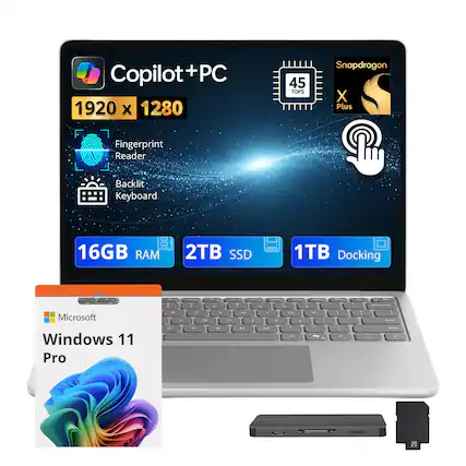 Copilot+PC
1920 x 1280
45 TOPS Snapdragon X Plus
Fingerprint Reader
Backlit Keyboard
16GB RAM
2TB SSD
1TB Docking
Microsoft Windows 11 Pro