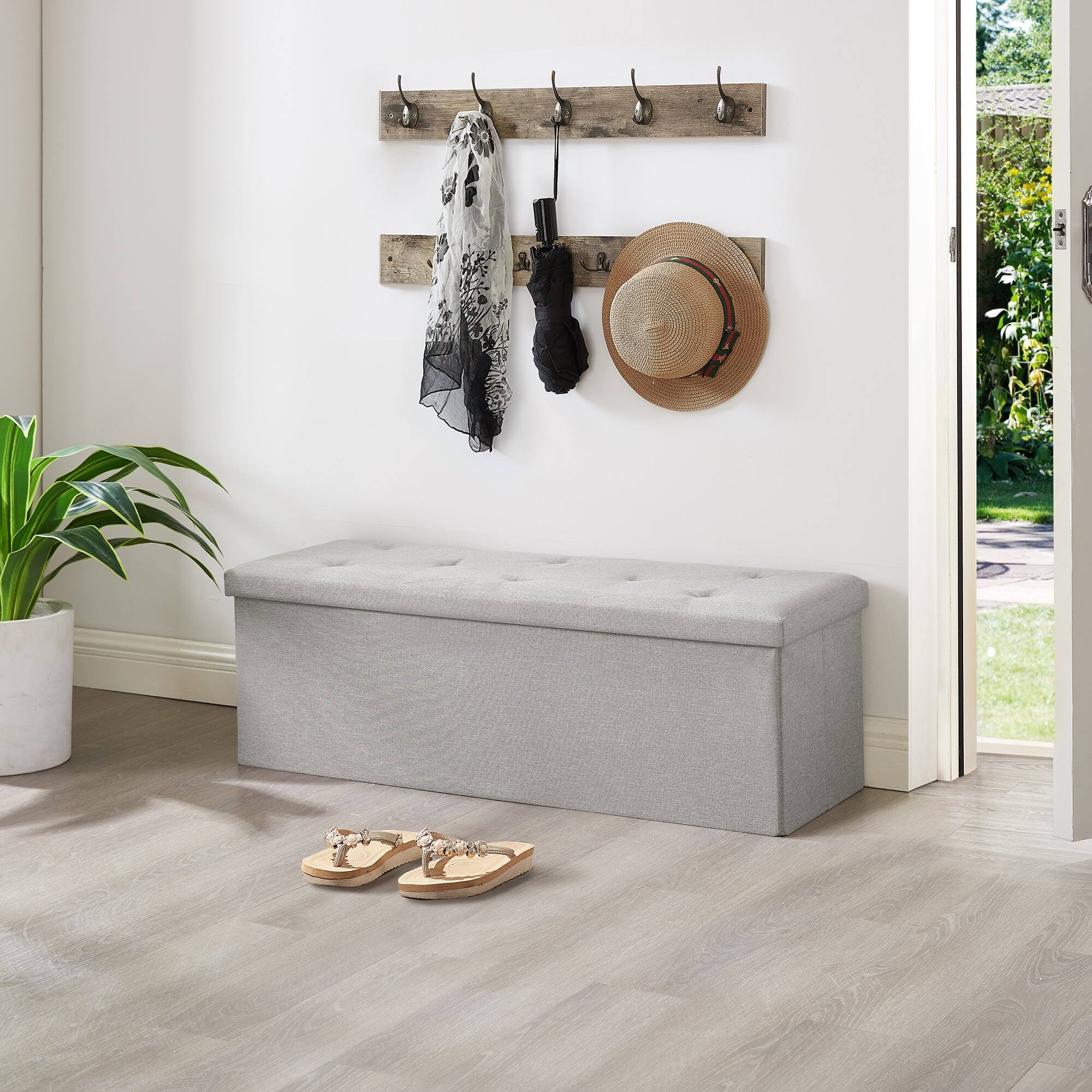 Alt View 1. Vecelo - 30" Storage Ottoman Bench with Folding Design, Large Capacity Linen Storage Bench for Bedroom & Living Room - Grey.