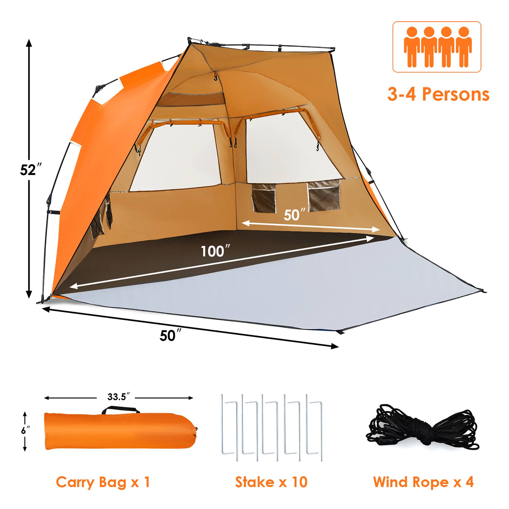 The text on the image is grouped and corrected as follows:

* 3-4 Persons: This refers to the number of people the tent can accommodate.
* 52" and 50": These are the dimensions of the tent, indicating its width and height.
* 100": This is the length of the tent, which is important for providing enough space for the occupants.
* 50": This is the width of the tent, which is crucial for comfort and functionality.
* 19L: This refers to the volume of the carry bag, which is useful for storing personal belongings.
* 6": This is the diameter of the stake, which is used to secure the tent to the ground.
* 33.5": This is the length of the stake, which is essential for stability and anchoring.
* Wind Rope X 4: This refers to the number of wind ropes provided with the tent, which are used to secure the tent to the ground and protect it from strong winds.