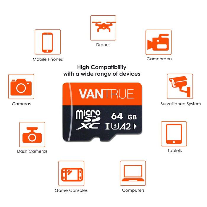 Drones, Mobile Phones, Camcorders, Cameras, Surveillance System, Dash Cameras, Tablets, Game Consoles, Computers

High Compatibility with a wide range of devices

VANTRUE
Micro SD XC
64 GB
XC I BJA2