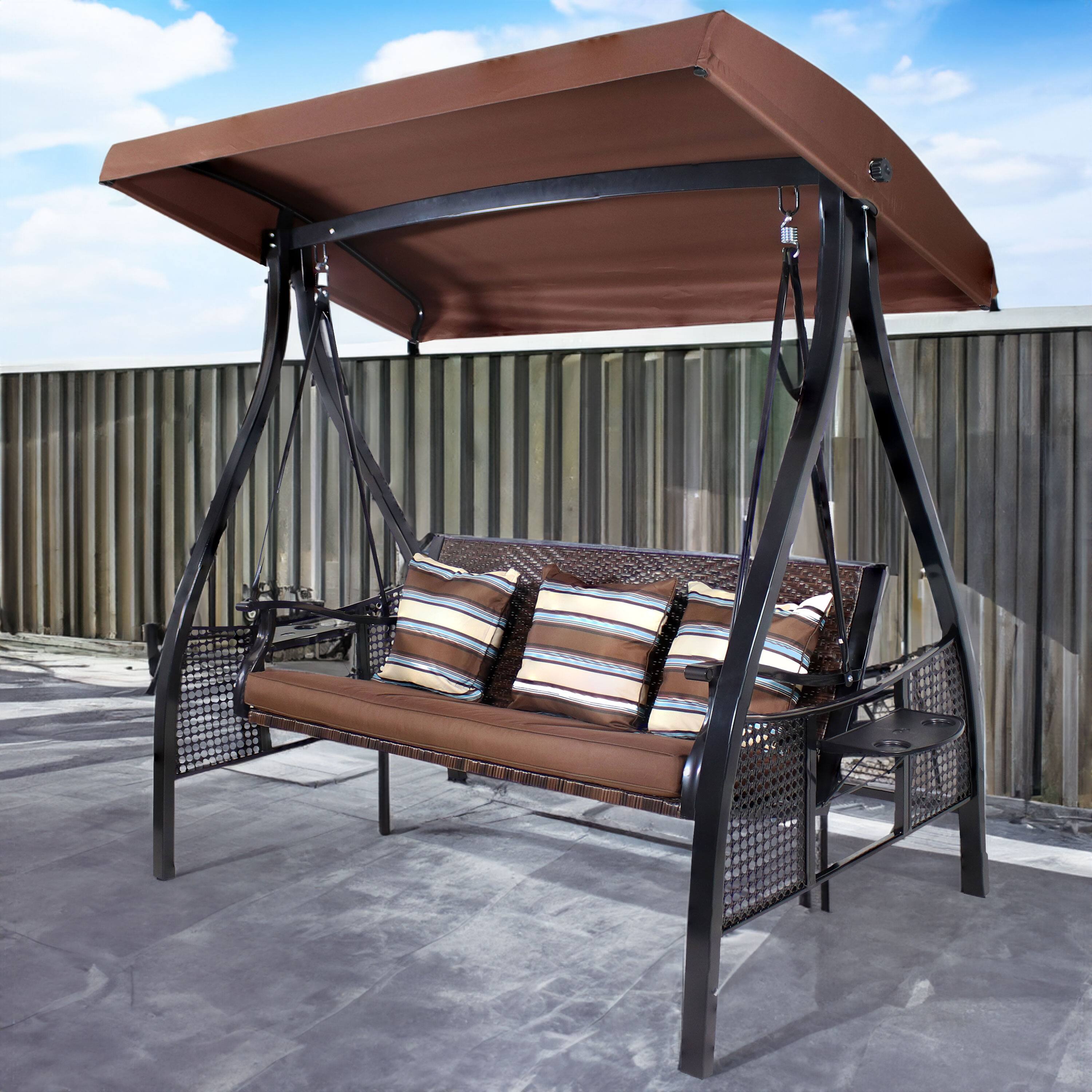 Alt View 4. Sunnydaze - 3-Person Steel Patio Swing Bench with Side Tables/Canopy - Brown Stripe/Black Frame.