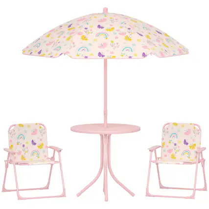 Front. Qaba - Kids Picnic Table and Chair Set, Outdoor Activity Table with Foldable Chairs, Removable Umbrella, Rainbow Pattern - Pink.
