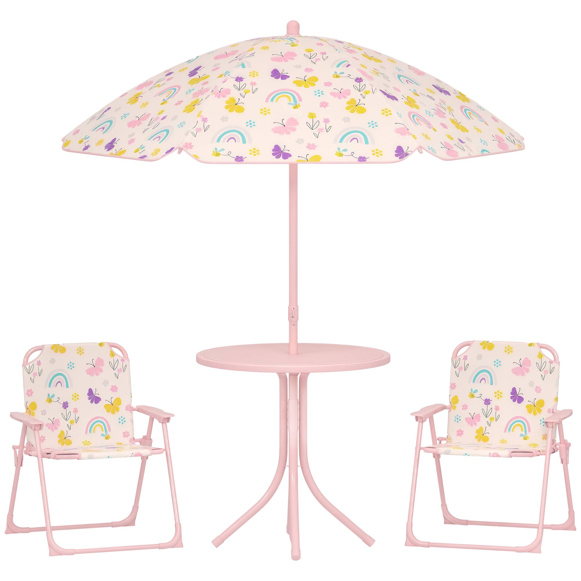 Front. Qaba - Kids Picnic Table and Chair Set, Outdoor Activity Table with Foldable Chairs, Removable Umbrella, Rainbow Pattern - Pink.
