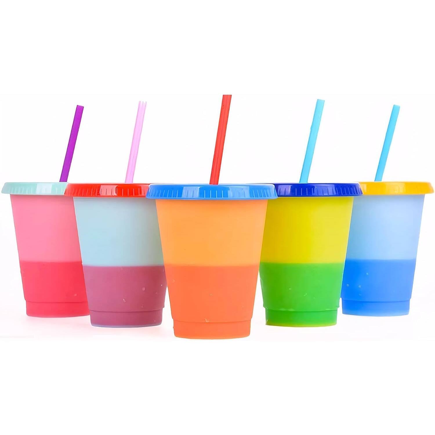 Front. PARKER SLATER - 5-pack 16oz color changing reusable cups with lids and straws, perfect for cold drinks, smoothies, coffee, parties. - Multicolor.