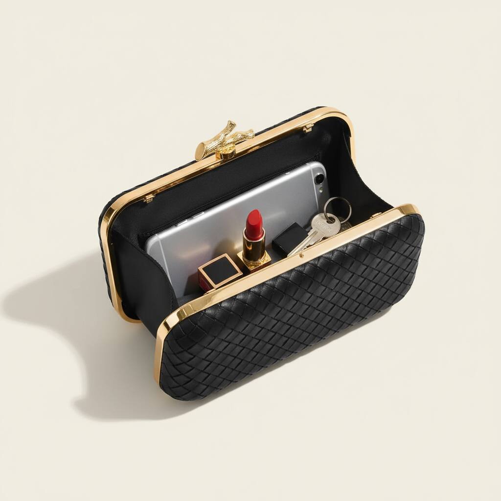 Left. ZUQIETA - ZUQIETA  Woven PU Leather Clutch with Chain - Dressy Evening Bag & Formal Handbag - Black.