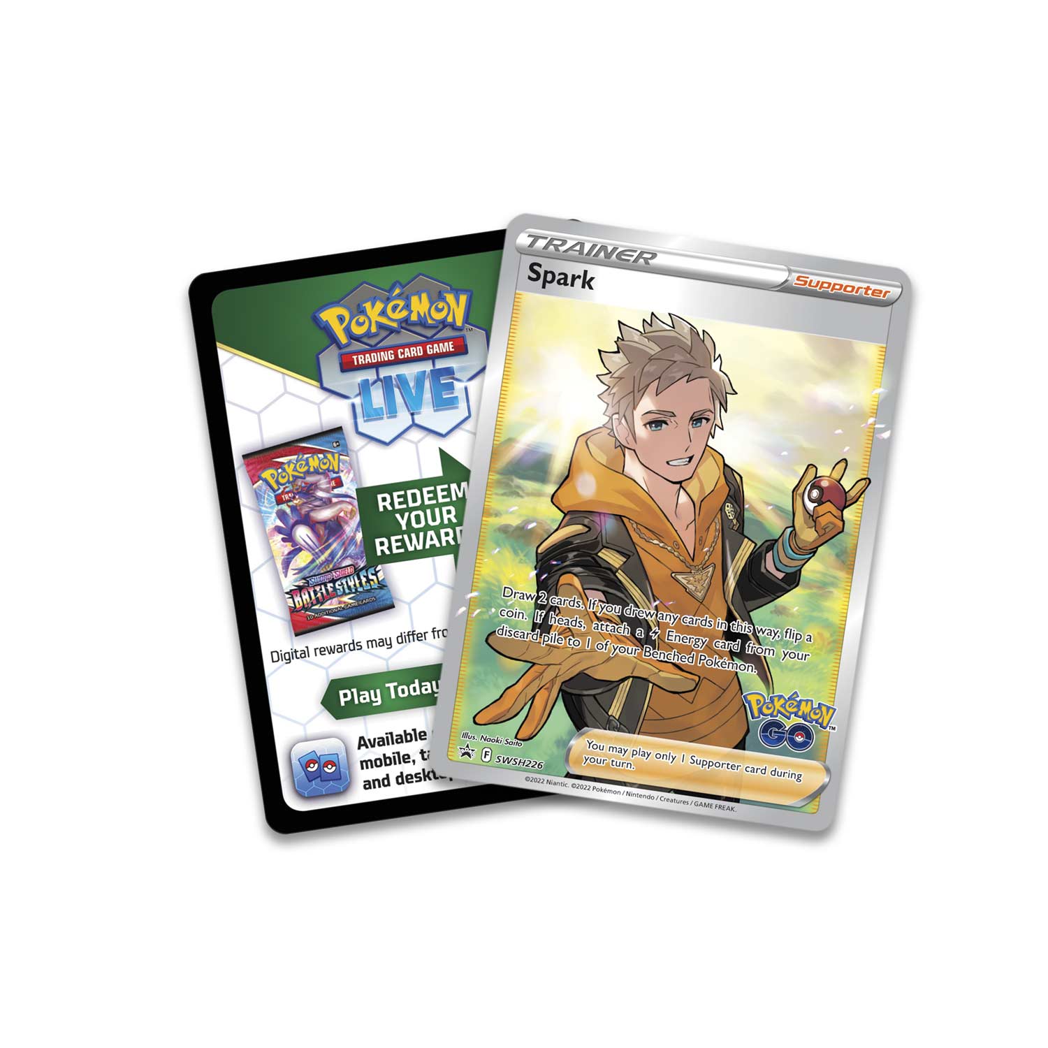 **Pokémon Trading Card Game Live**

**Redeem Your Reward**

Digital rewards may differ from physical rewards. Play Today! Available on mobile, tablet, and desktop.

**Trainer Spark**

Supporter

Draw 2 cards. If you drew any cards in this way, flip a coin. If heads, attach a [Energy] card from your discard pile to 1 of your Benched Pokémon. You may play only 1 Supporter card during your turn.