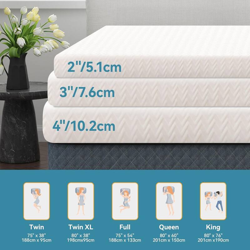 2"/5.1cm  
3"/7.6cm  
4"/10.2cm  

Twin  
75" x 38"  
188cm x 95cm  

Twin XL  
80" x 38"  
198cm x 95cm  

Full  
75" x 54"  
188cm x 133cm  

Queen  
80" x 60"  
201cm x 150cm  

King  
80" x 76"  
201cm x 190cm