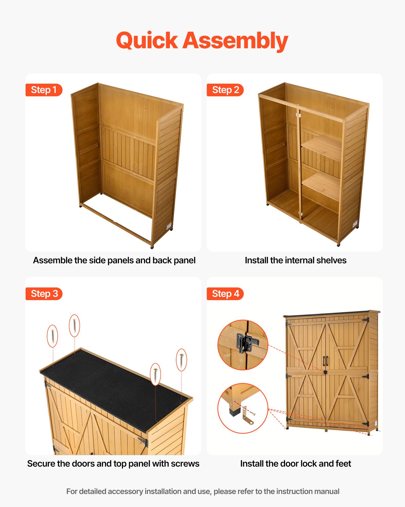 Quick Assembly

Step 1: Assemble the side panels and back panel

Step 2: Install the internal shelves

Step 3: Secure the doors and top panel with screws

Step 4: Install the door lock and feet

For detailed accessory installation and use, please refer to the instruction manual