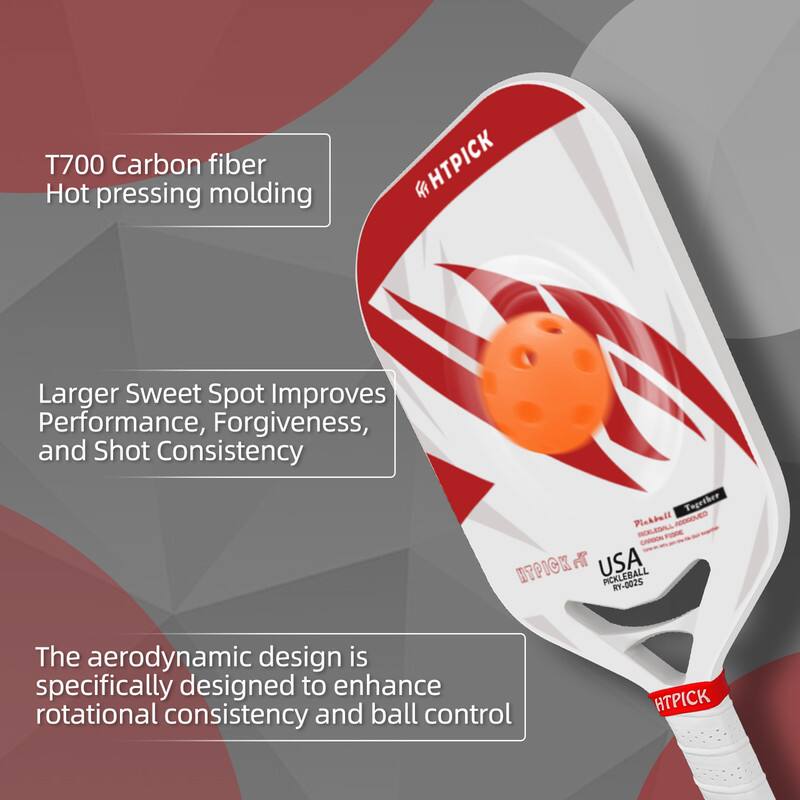 T700 Carbon fiber  
Hot pressing molding  

Larger Sweet Spot Improves Performance, Forgiveness, and Shot Consistency  

The aerodynamic design is specifically designed to enhance rotational consistency and ball control  

HTPICK  
USA  
PICKLEBALL  
RT-0025