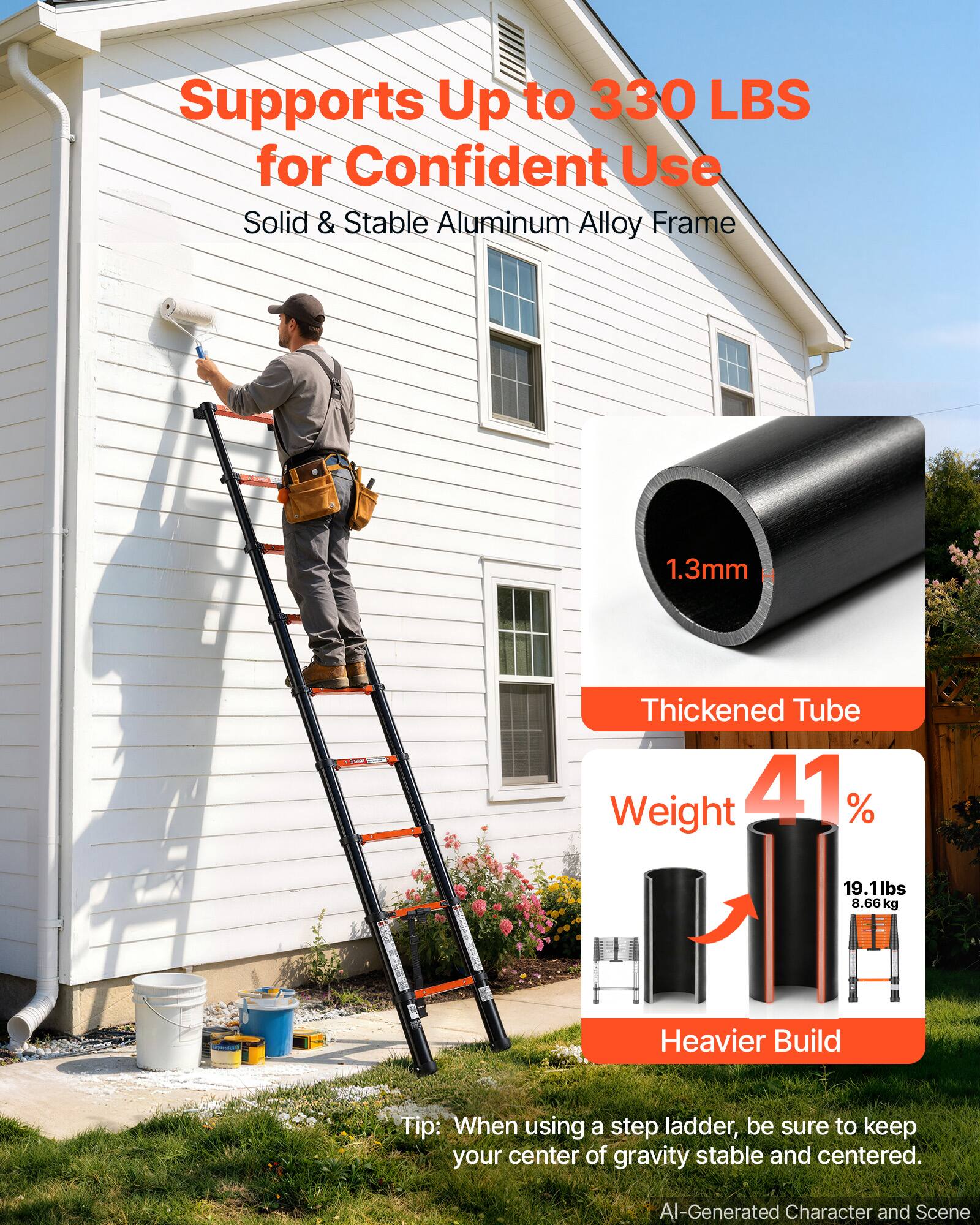 Supports Up to 330 LBS for Confident Use  
Solid & Stable Aluminum Alloy Frame  

1.3mm  
Thickened Tube  
Weight 41%  
19.1lbs 8.66kg  
Heavier Build  

Tip: When using a step ladder, be sure to keep your center of gravity stable and centered.  

AI-Generated Character and Scene