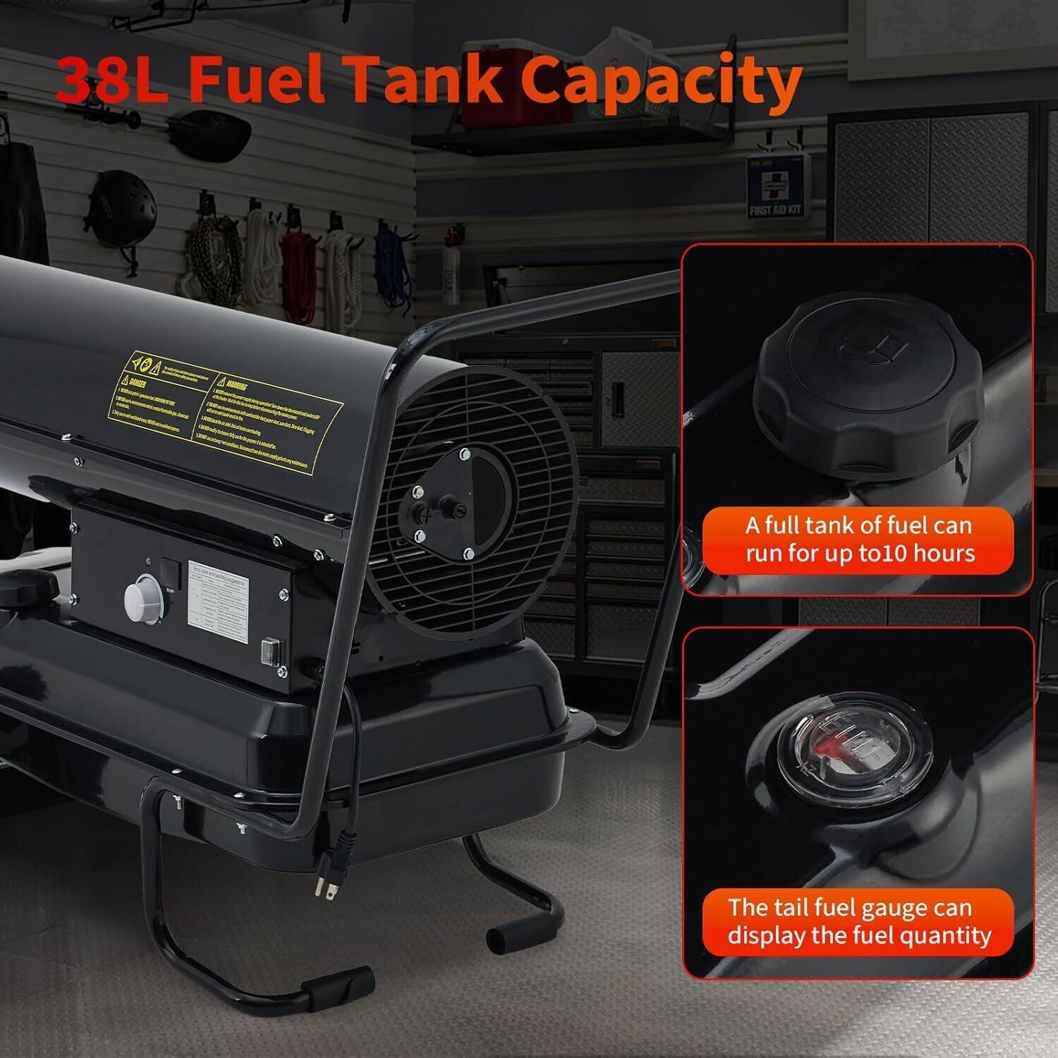 38L Fuel Tank Capacity

- A full tank of fuel can run for up to 10 hours
- The tail fuel gauge can display the fuel quantity