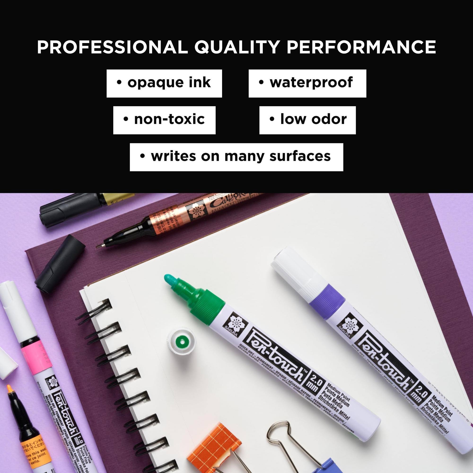 PROFESSIONAL QUALITY PERFORMANCE

- opaque ink
- waterproof
- non-toxic
- low odor
- writes on many surfaces

Callign DUICK.DS sea Ten-touch PERMAMENT SPAGO FACO SEGNA ce this joint Strichstark Puela sello. VITA Wine + G Fel

SAKURA SAKURA quick.s Pen-touch - FERMA 12 SPAGUE SECH STIMBULL RAP mm DGE 2.0 Punta Medium Point Pen-touch! mm 2.0 PERMA Strichstrke Media Punta Pointe Medium Point OP&QUE Mittel Strichstrke Media Mdium Mittel