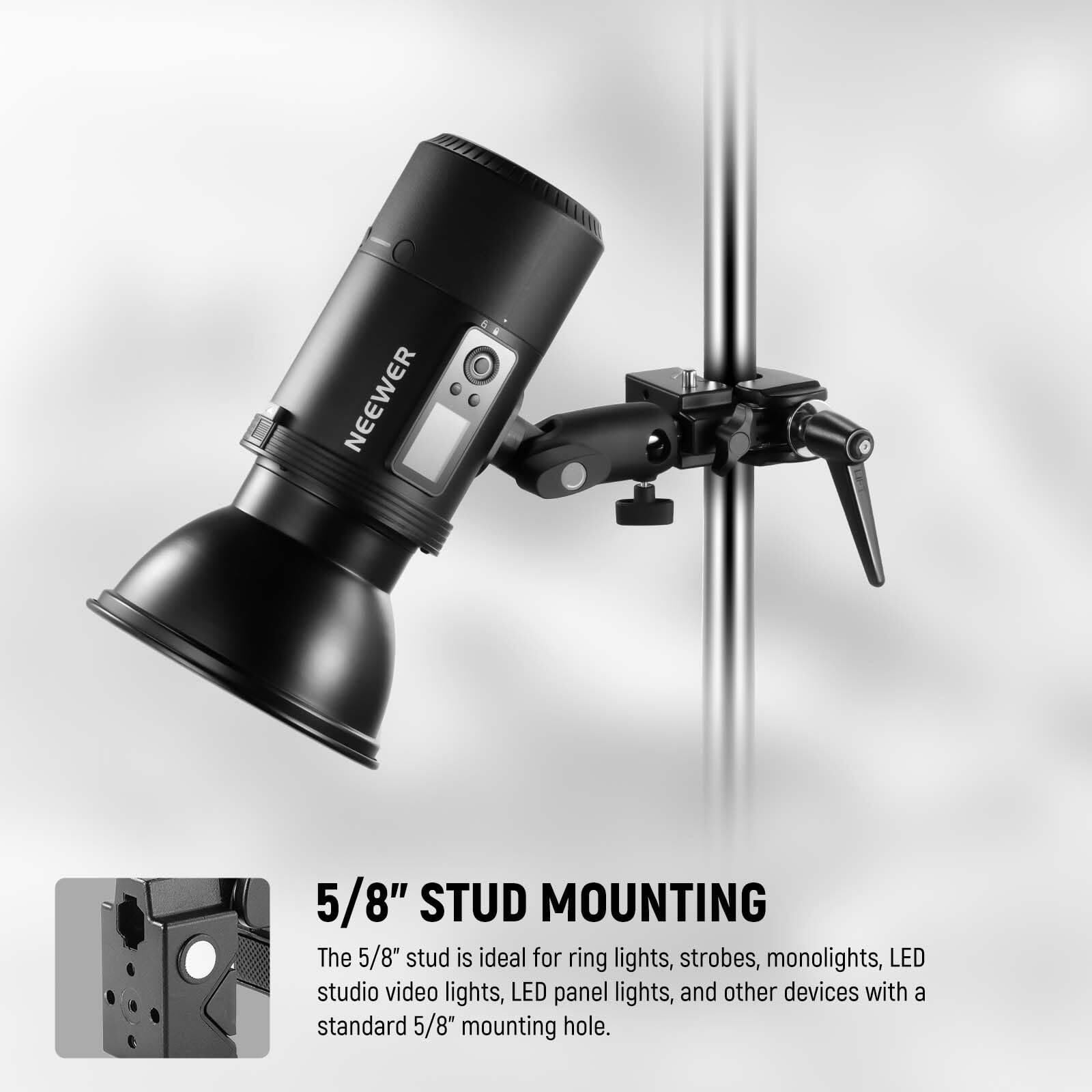5/8" STUD MOUNTING

The 5/8" stud is ideal for ring lights, strobes, monolights, LED studio video lights, LED panel lights, and other devices with a standard 5/8" mounting hole.