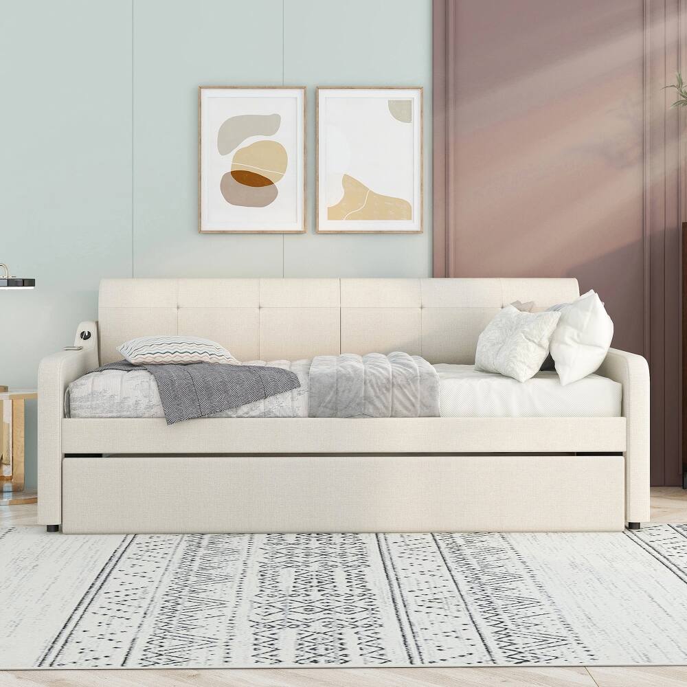 Back. Loheer - Loheer Twin Daybed with Trundle Upholstered Beige Sofa Bed USB - Beige.