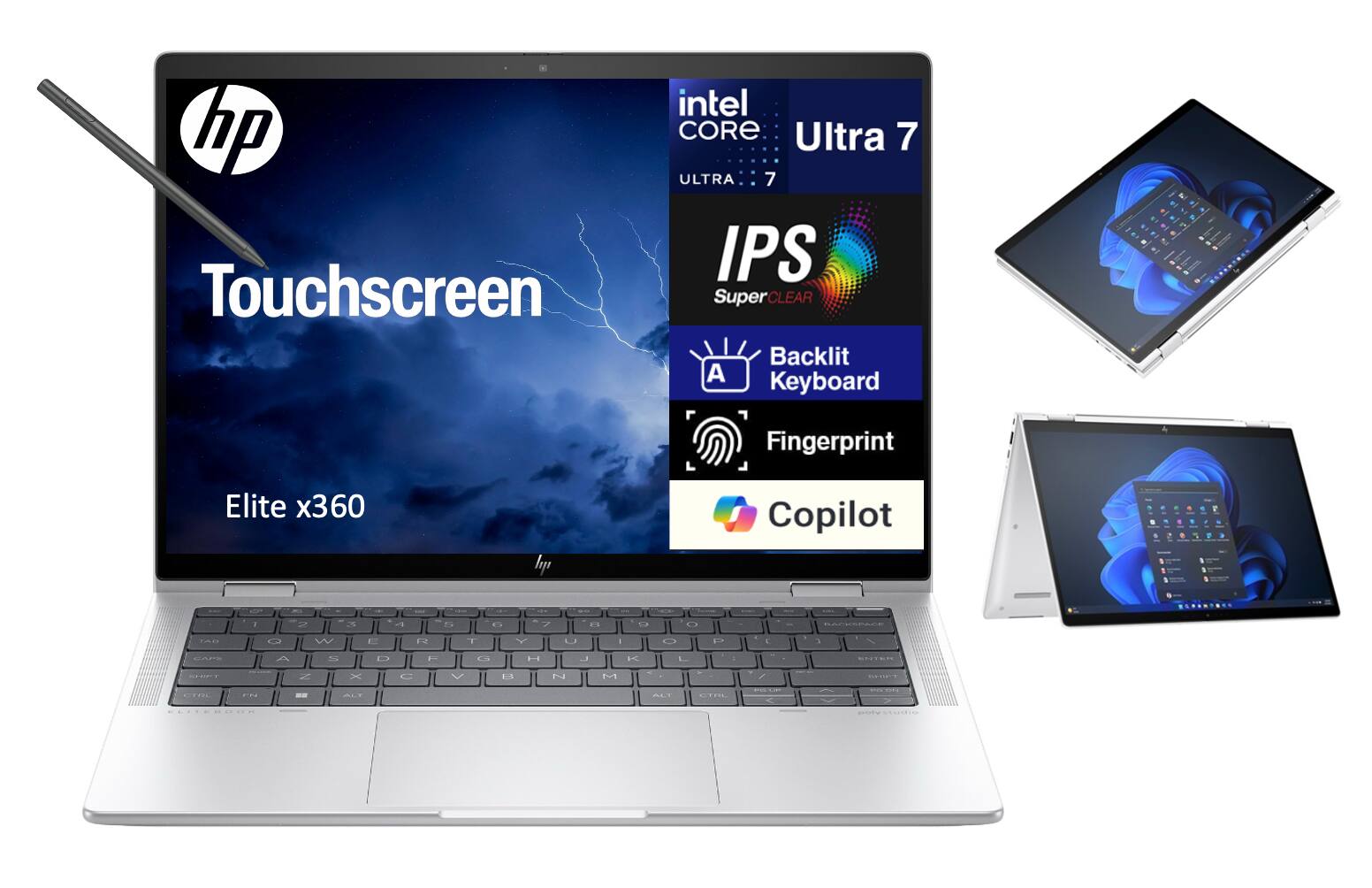 hp Touchscreen  
intel CORE Ultra 7  
ULTRA 7  
IPS SuperCLEAR  
Backlit Keyboard  
Fingerprint  
Elite x360 Copilot
