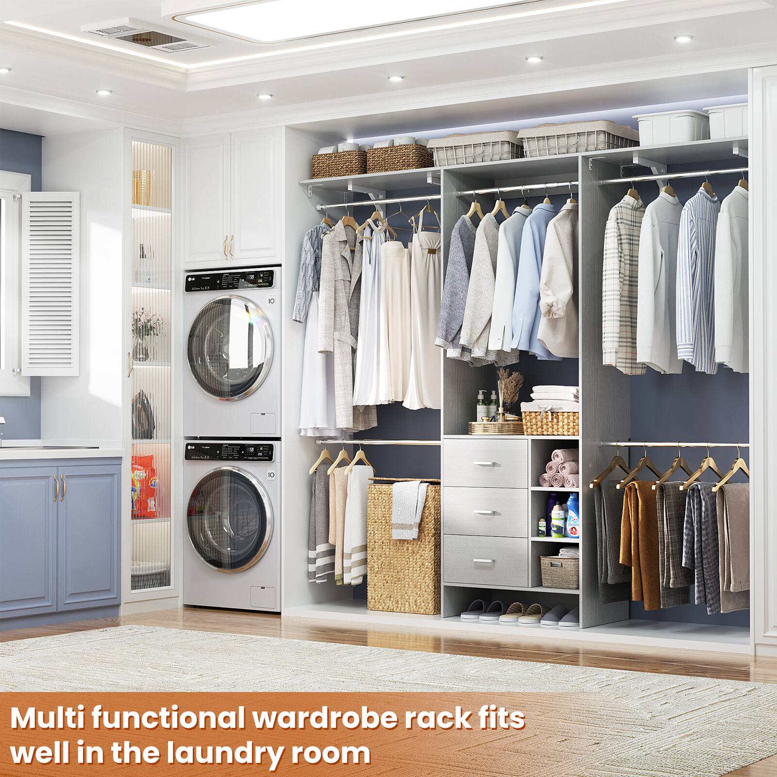 Multi functional wardrobe rack fits well in the laundry room