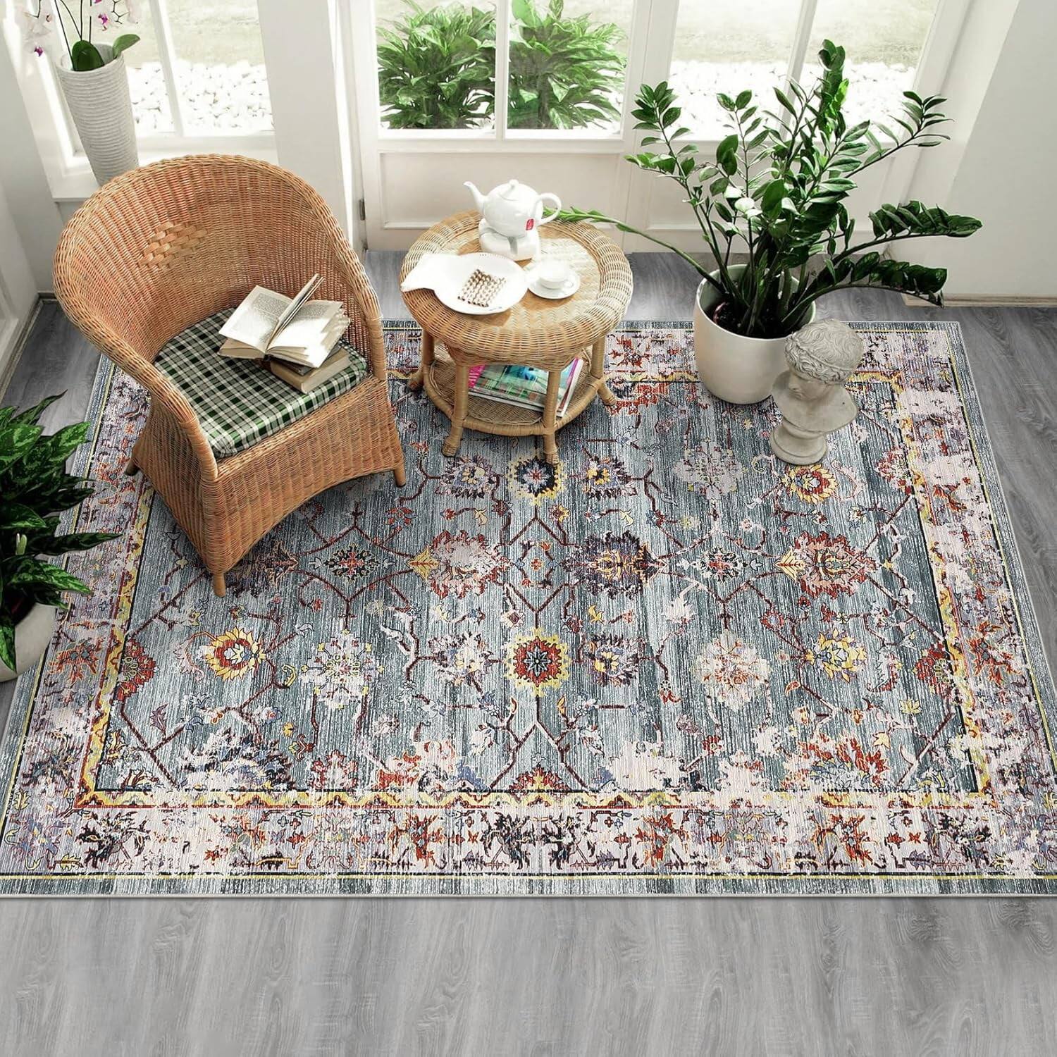 Alt View 4. Homhougo - 8x10 Machine Washable Vintage Floral Area Rug, Non-Slip Soft Carpet for Living Room Green - Green.