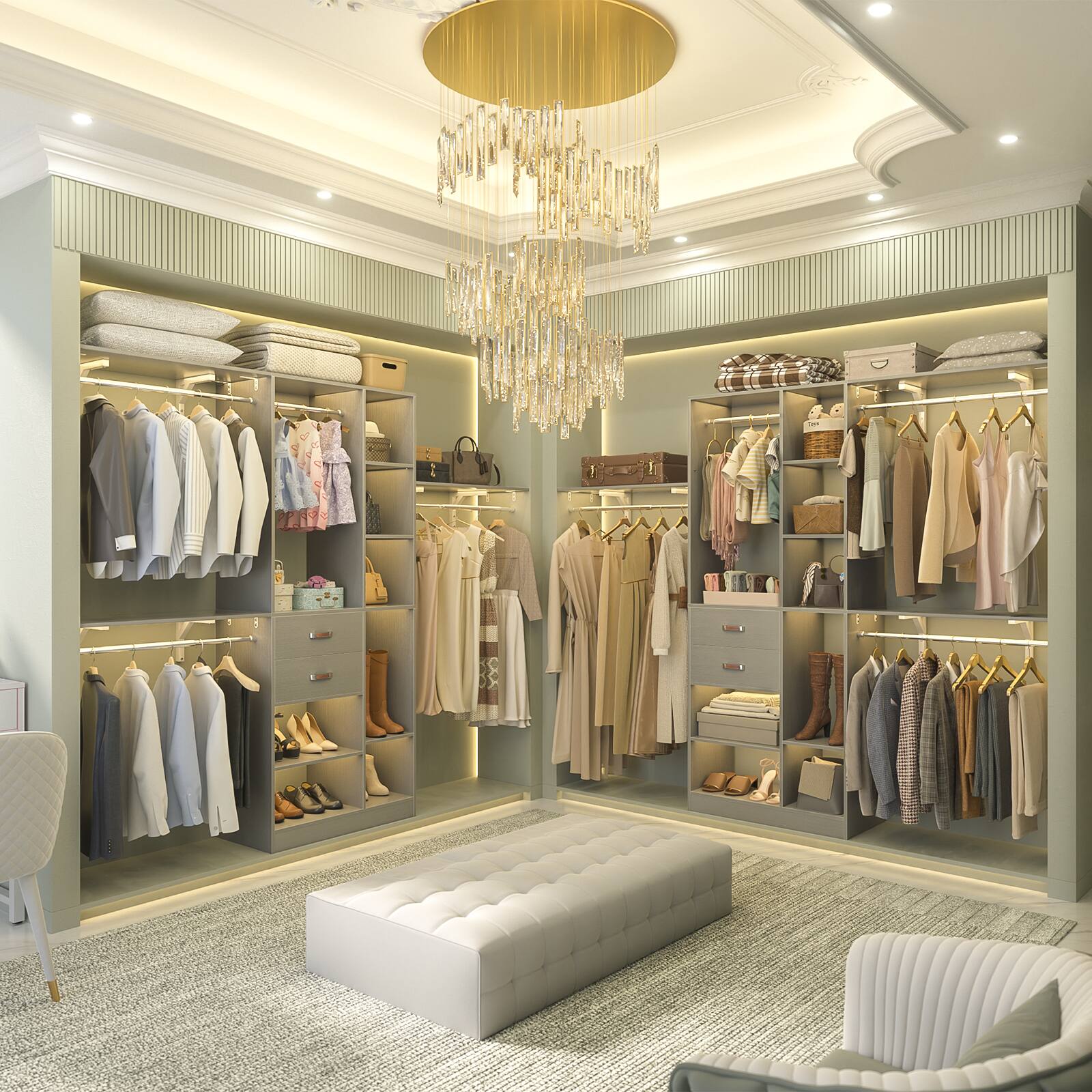 Left. Aheaplus - Upgraded 96'' Closet System with 13 Storage Shelves, 8FT Open Wardrobe System with 2 Wooden Drawers & 4 Hanging Rods - Gray.