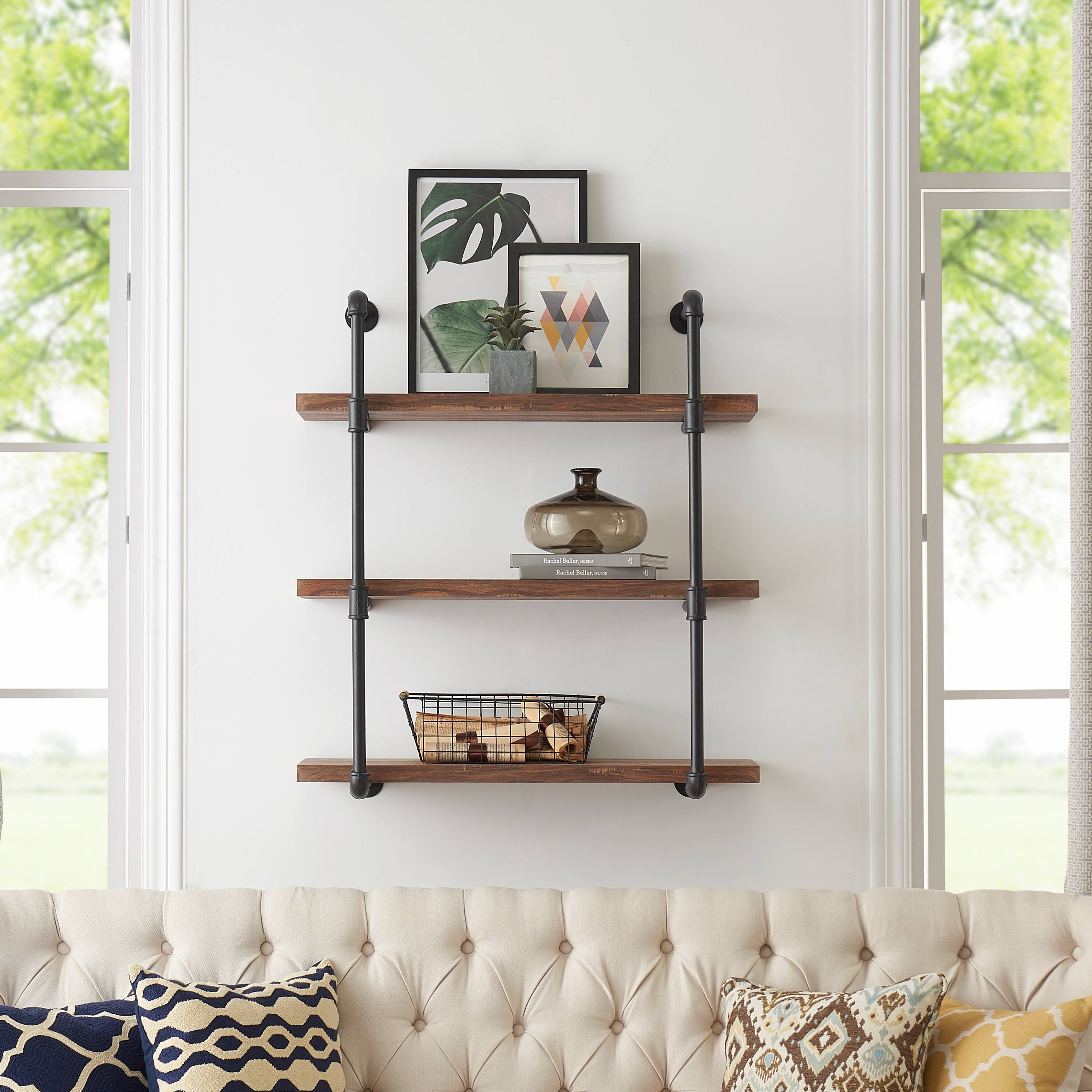 Back. Danya B - Three Tier Industrial  Pipe Wall Shelf - Brown.
