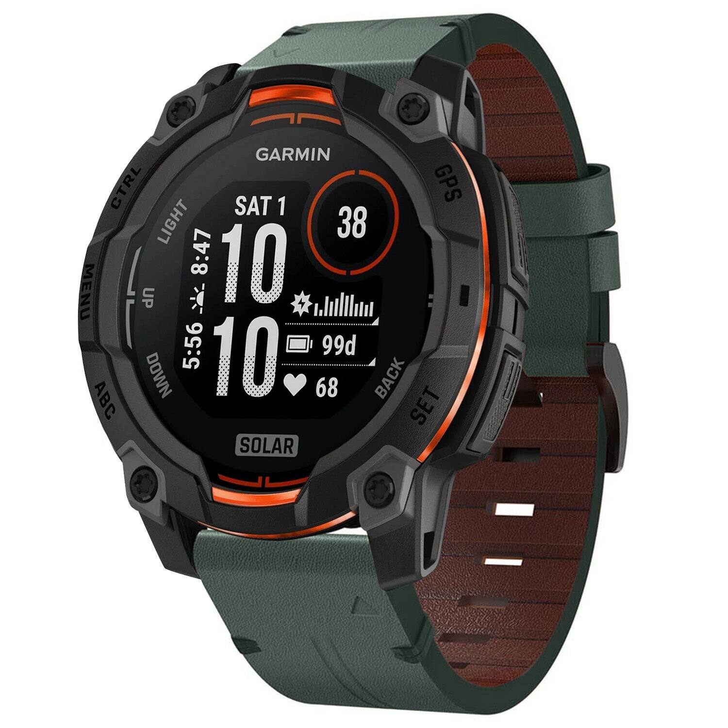 GARMIN CTRL GPS SAT 1 LIGHT 38 8:47 10 MENU UP i 5:56 99d DOWN 10 68 BACK ABC SET SOLAR
