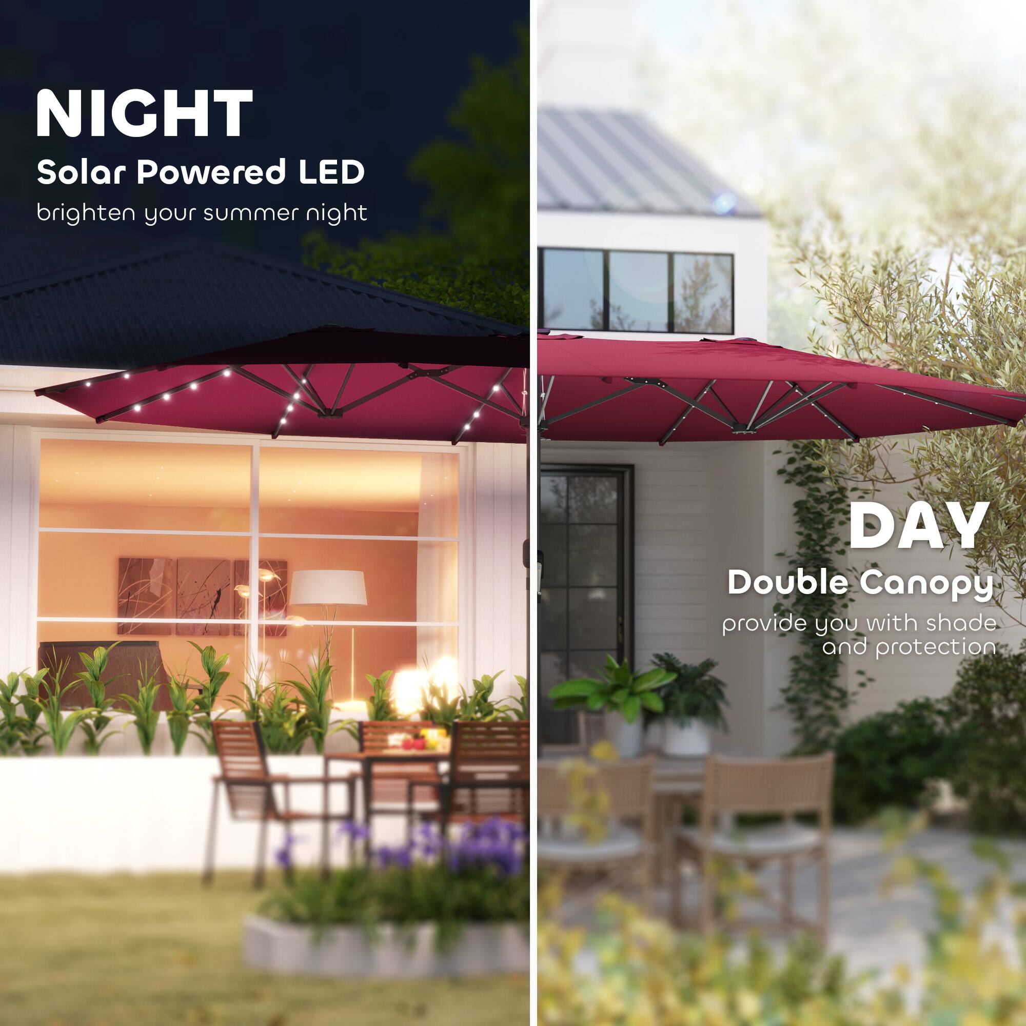 NIGHT Solar Powered LED brighten your summer night
DAY Double Canopy provide you with shade and protection